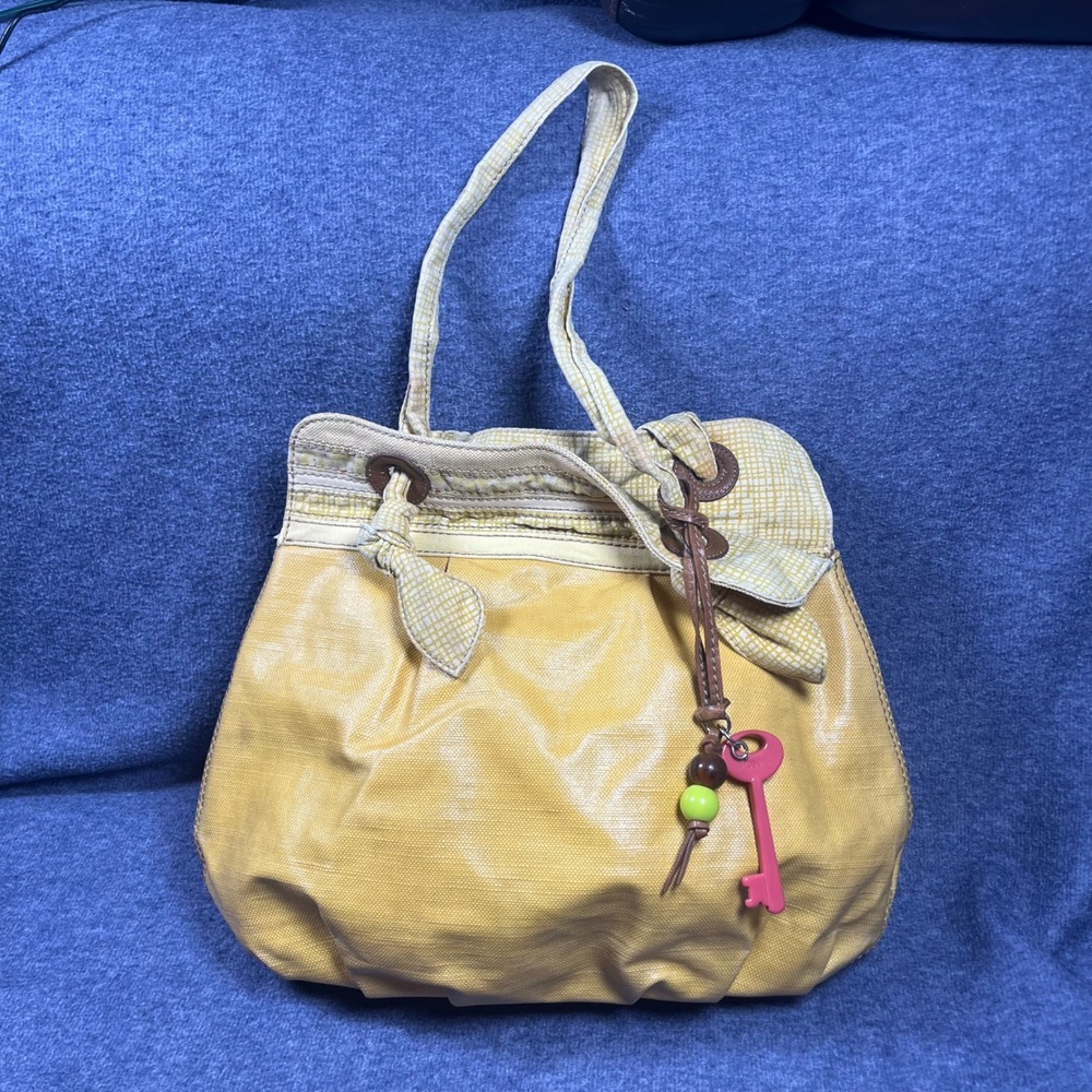 Fossil Mustard Yellow Coated Canvas Tote Bag Key Charm Shoulder Bag
